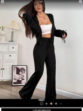 Black Ribbed Knit Jumpsuit - Cozy V-Neck Lounge 2 pc